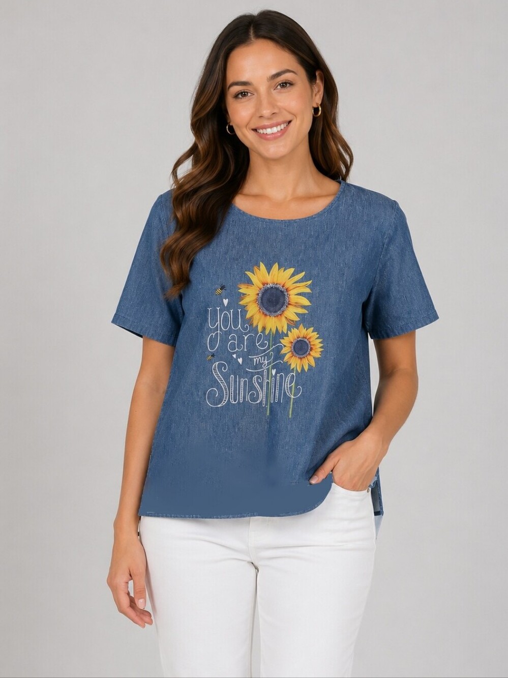 Blue Tee with Yellow Sunflower Graphic. Size XL